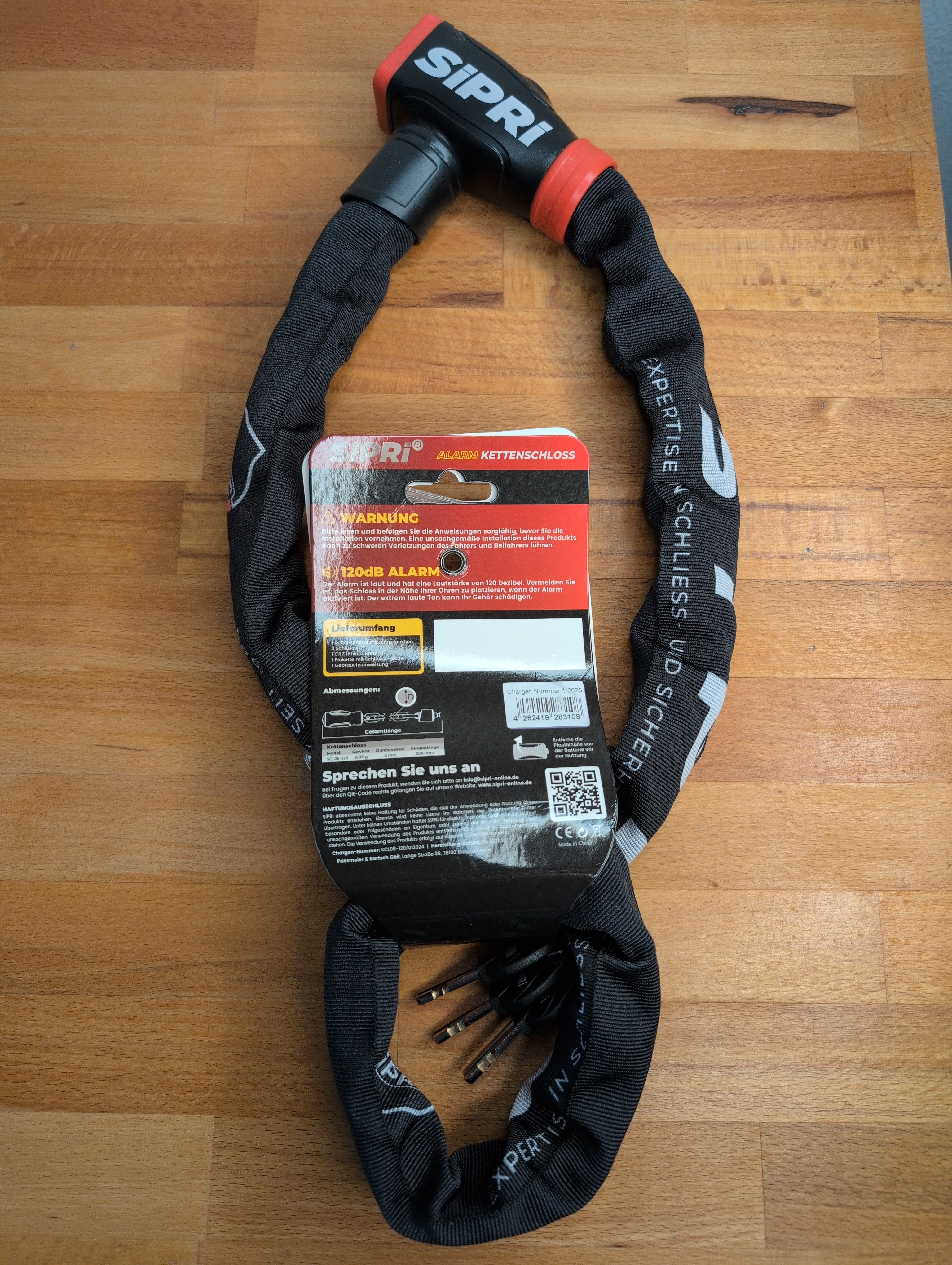 SIPRI® Fahrradschloss mit Alarm 120 dB | Kettenschloss Fahrradschloss hohe Sicherheit für E-Bike, E-Scooter & Motorrad | 8 mm Stahl, wetterfest, robust & langlebiges Schloss mit Schlüssel