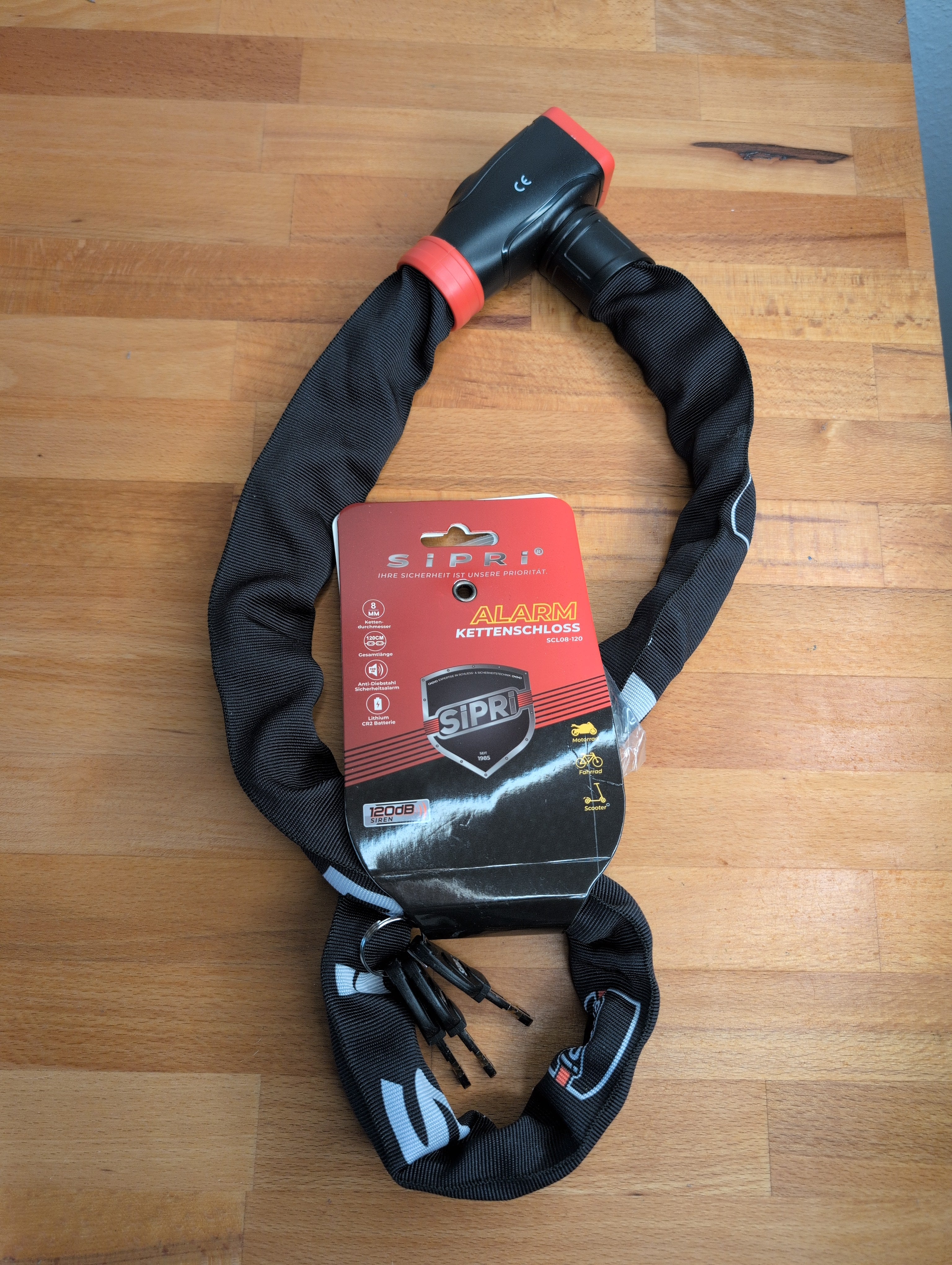 SIPRI® Fahrradschloss mit Alarm 120 dB | Kettenschloss Fahrradschloss hohe Sicherheit für E-Bike, E-Scooter & Motorrad | 8 mm Stahl, wetterfest, robust & langlebiges Schloss mit Schlüssel